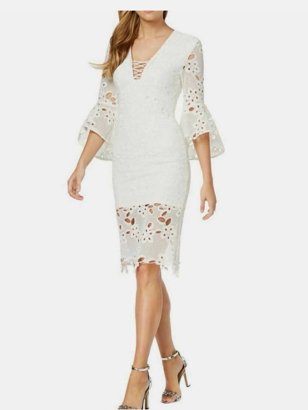 NWT Bardot White Lace V-Neck Midi Dress with Bell Sleeves M